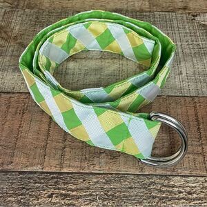 Women's Talbots White Green Yellow Plaid Fabric D Ring Belt Size Small 39.5”